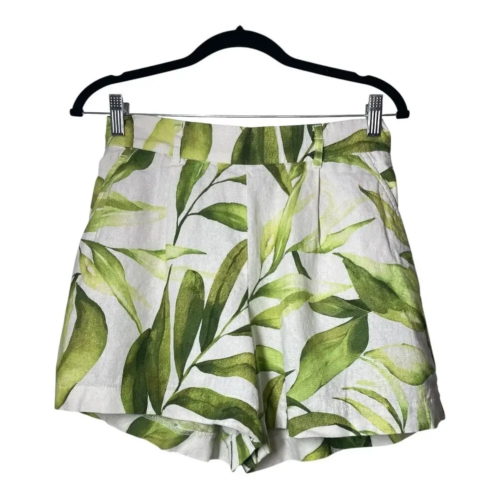 Joie Linen Blend Shorts Tropical Leaf Travel Resort Wear Size Small White Green
